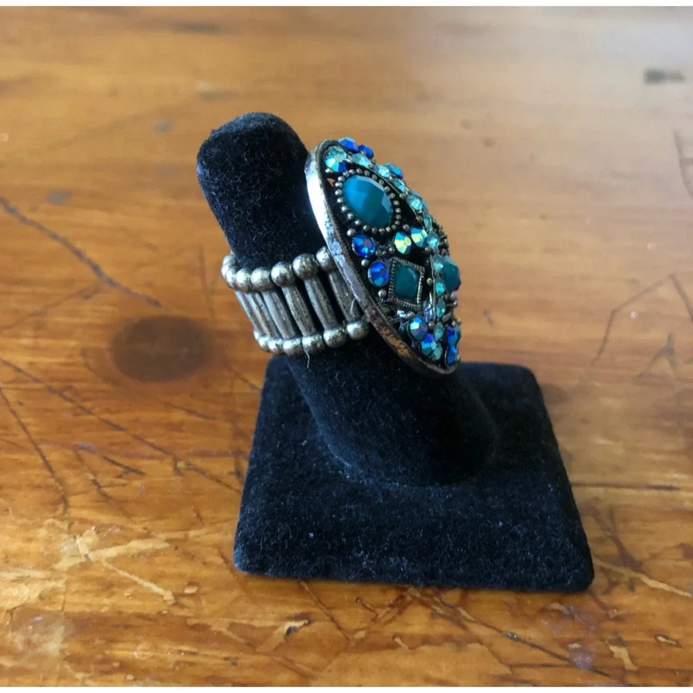 Vintage Boho Oval Statement Ring Turquoise And Blue Rhinestones Stretch Ring